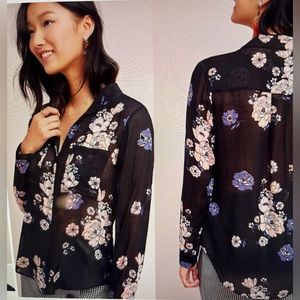 NWOT Cloth & Stone Anthropologie Tavira Sheer Floral blouse Black XXS
